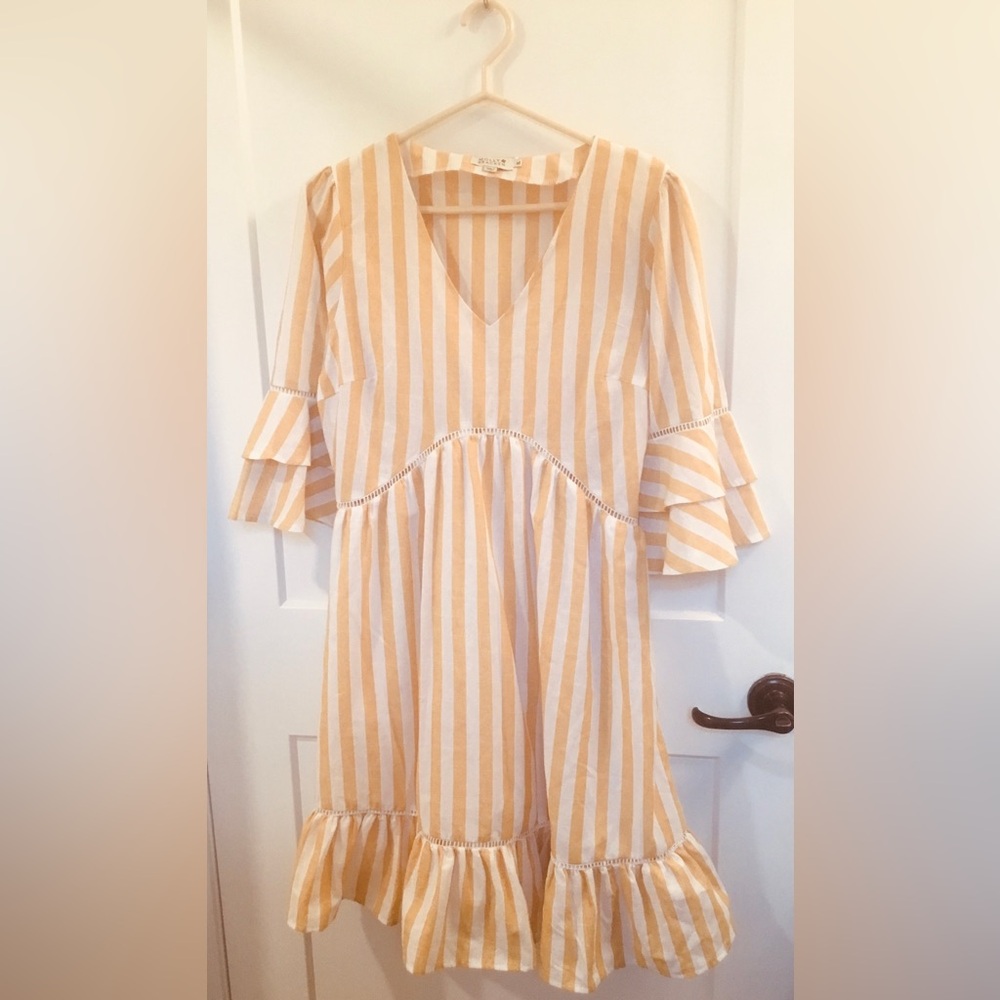 Molly Bracken Golden Yellow and White Striped V-Neck Dress